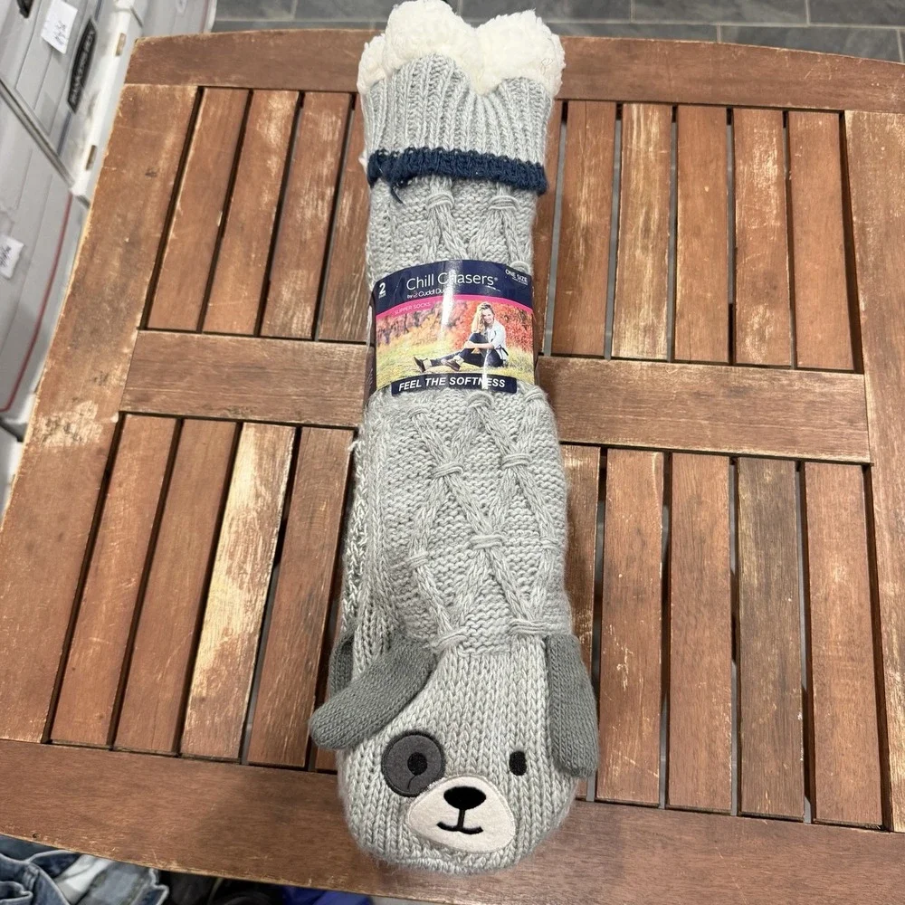 Cuddl Duds 2 Pack Sherpa Lined Lounge Slipper Socks Gray Dog One Size NEW
